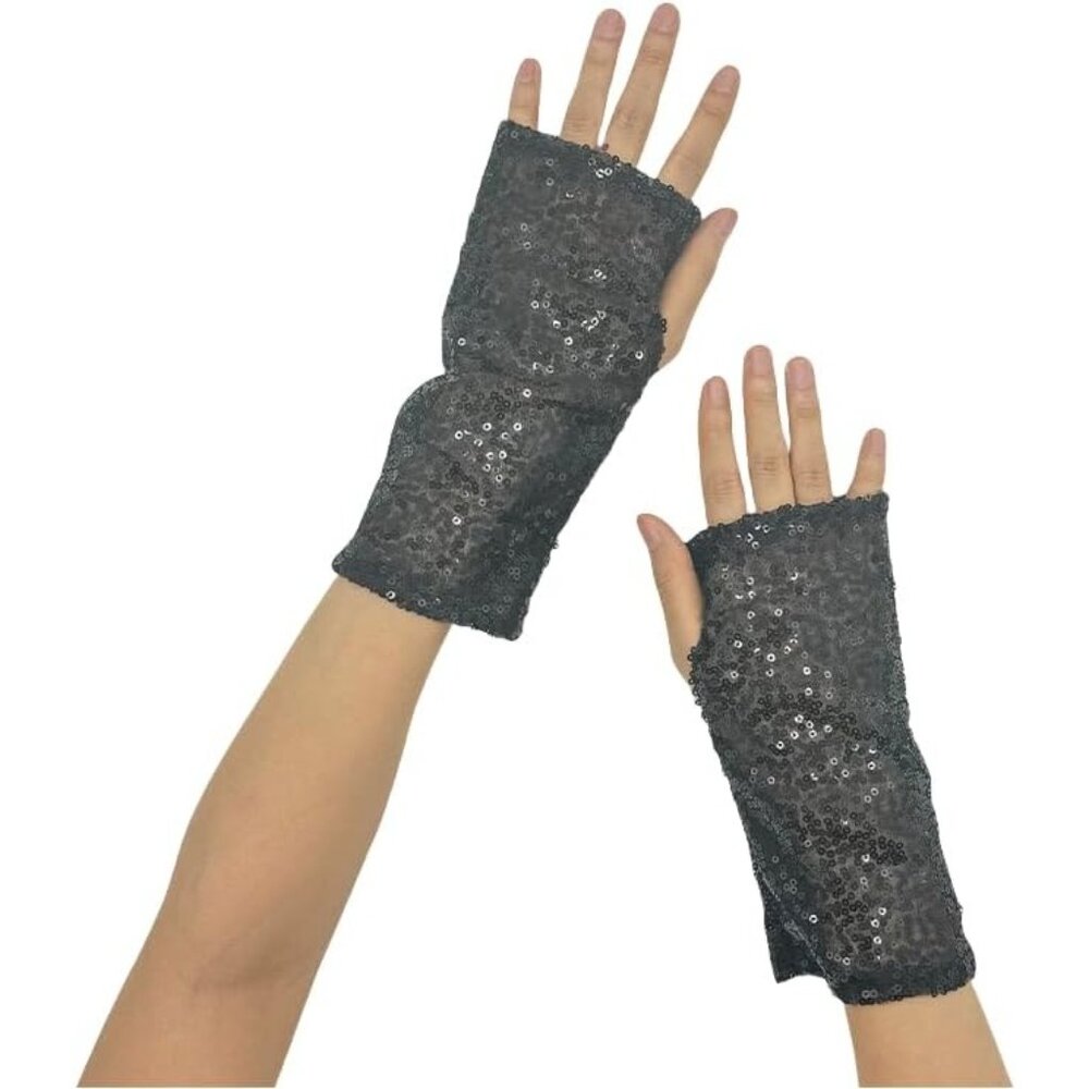Women's C-Black Fashion Evening Sparkly Glitter Sequins Lace Gloves Party Prom